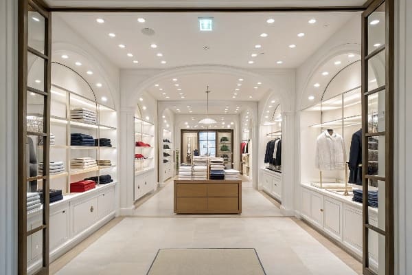 Elegante ropa de ropa interior con estanterías blancas y prendas dobladas.