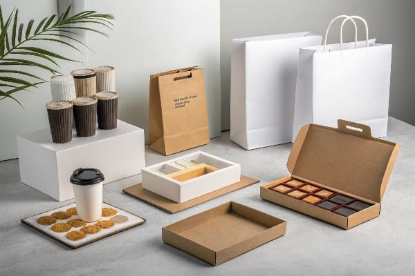 Minimalistische Produktverpackungsanzeige mit verschiedenen Kisten und Tassen.