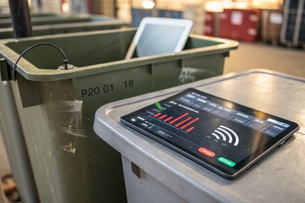 Écran de tablette montrant des données à côté de grands bacs à déchets en milieu industriel