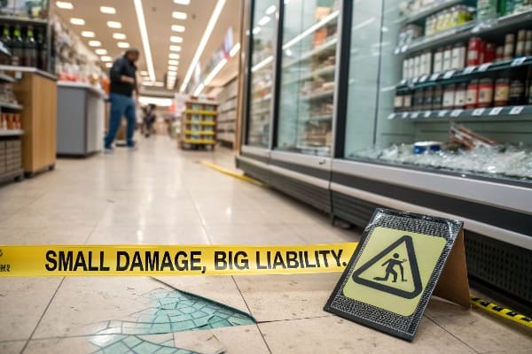 Baldosas de supermercado rotas con cinta de precaución y señal de advertencia cerca de la sección refrigerada