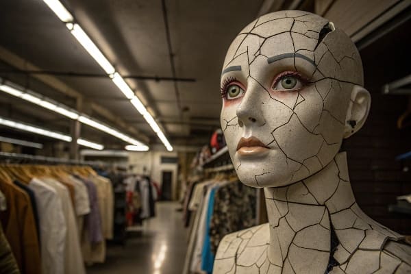 Primer plano de una cabeza de maniquí agrietada en una tienda de ropa vintage.