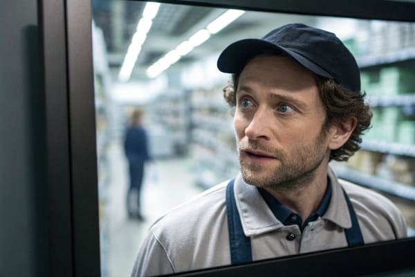 Mann in Uniform, der vorsichtig durch eine Lücke im Supermarkt aussieht.