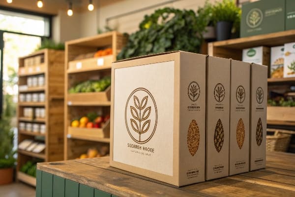 在有机商店的木制柜台上的环保产品盒