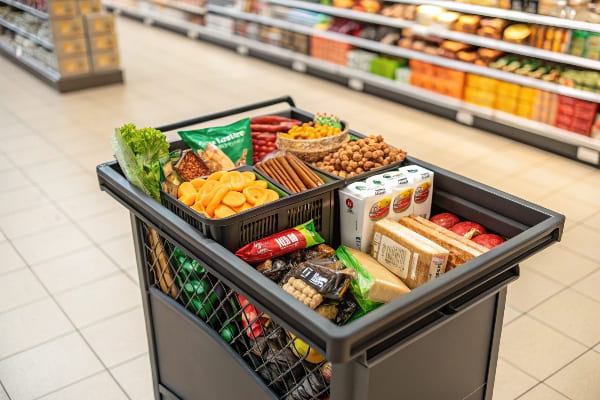Un chariot de supermarché rempli de divers articles d'épicerie comme des collations, des boissons et des produits frais dans une allée bien éclairée