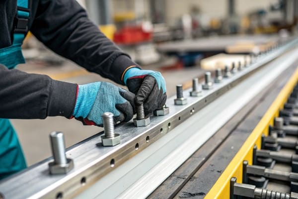 Nahaufnahme der Handschuhhände befestigen die Schrauben an einer Metallschiene