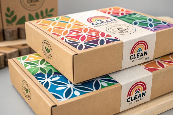 Boîtes d'emballage en carton écologique colorées avec motifs géométriques et marque géométriques vibrants