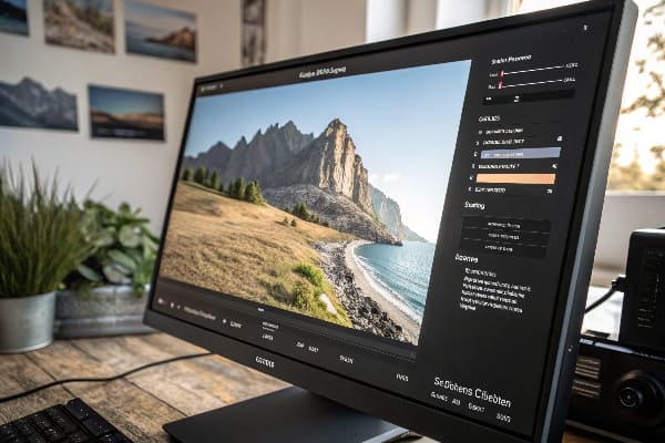 Monitor exibindo software de edição de fotos com paisagem montanhosa