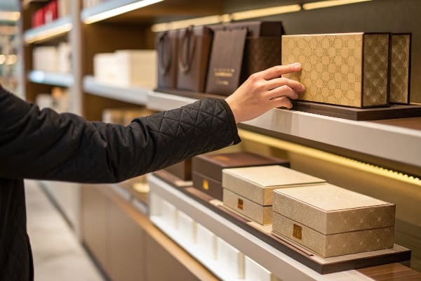 从零售展示架上选择豪华礼品盒的人