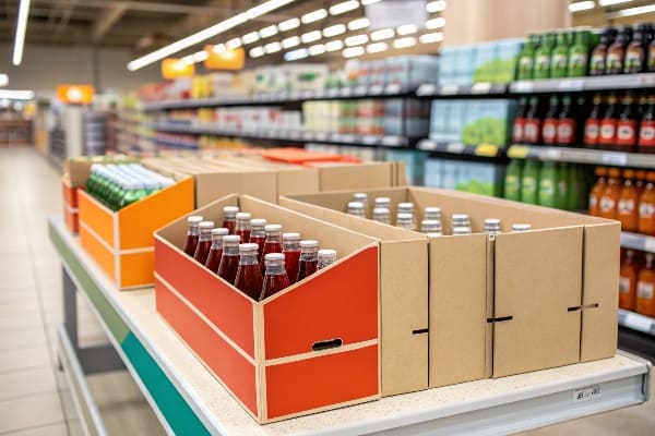 Étagère de magasin de détail avec plateaux en carton soigneusement organisés tenant des boissons en bouteille en verre.