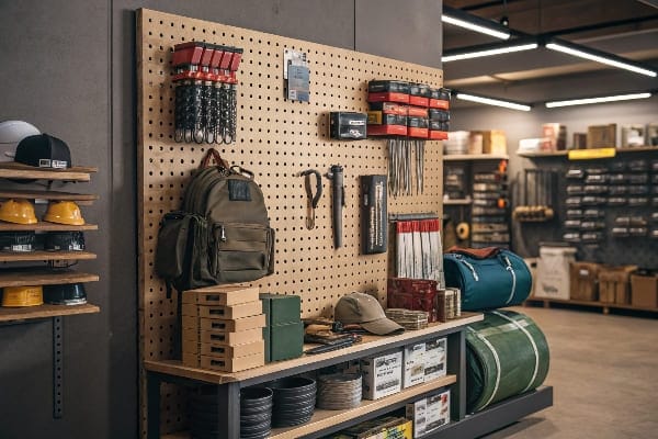 Pegboard de estabilización de ferretería organizada con herramientas y accesorios.