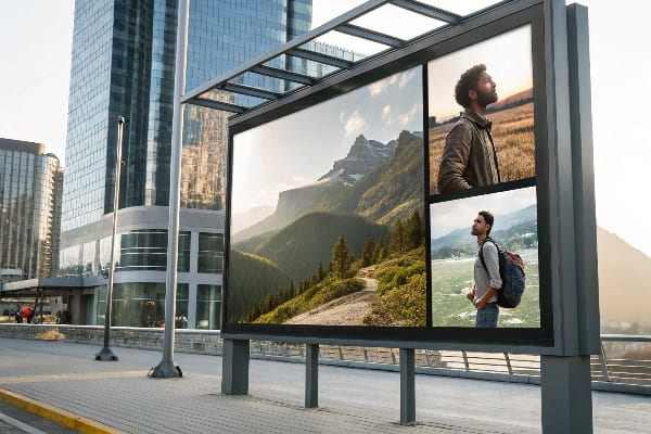 Gran cartelera al aire libre que muestra fotos de paisajes pintorescos con un hombre que explora la naturaleza.