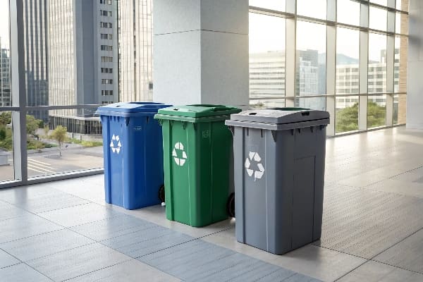 Tres contenedores de reciclaje en un edificio moderno de oficinas.