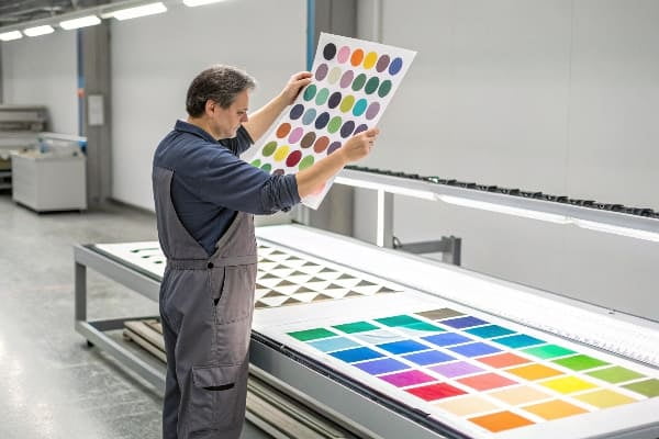 Technician checking printed color samples
