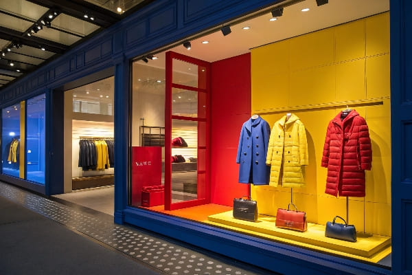 Pantalla de ventana colorida con abrigos y bolsos dispuestos por color en una boutique de moda.