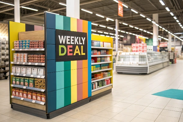 Colorida tapa de acero semanal en la tienda brillante y espaciosa.