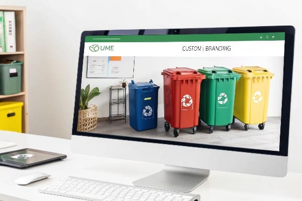 Los contenedores de reciclaje que se muestran en la pantalla de una computadora con marca personalizada.