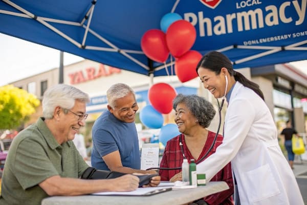 Pharmacien vérifiant la tension artérielle du patient âgé lors de l'événement de santé communautaire en plein air sous la tente pharmaceutique