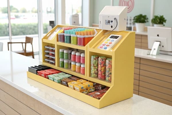 紧凑型结帐柜台展示带有五颜六色的糖果和冲动物品。