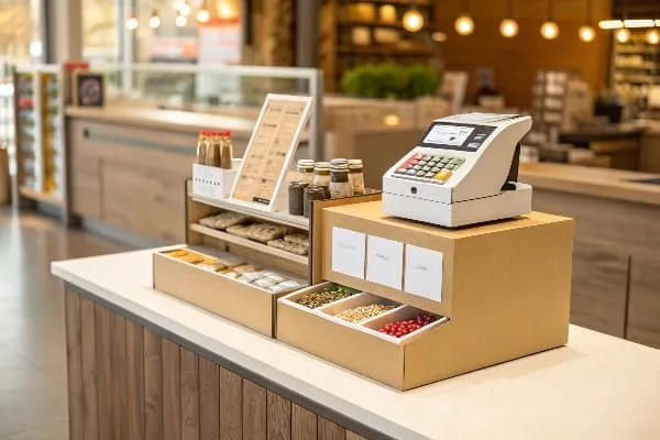 ছোট প্যাকেজ করা পণ্য এবং রেজিস্টার সহ POS কাউন্টারটপ ডিসপ্লে