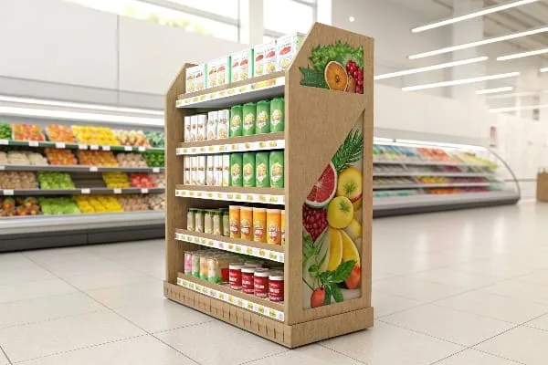 তাজা রস এবং জৈব পণ্য সহ প্রাকৃতিক-থিমযুক্ত কার্ডবোর্ডের তাক প্রদর্শন