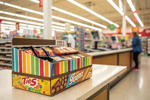 Buntes Snackbox mit Chips bei Supermarket Checkout -Schalter