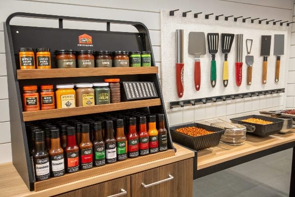 烧烤调味料和烧烤工具在整齐的零售区域中显示。
