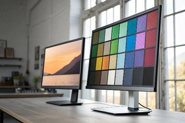 Monitores de lado a lado con patrones de prueba de color