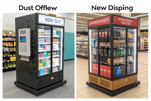 Comparación de lado a lado de unidades de exhibición refrigeradas obsoletas y modernas en la tienda