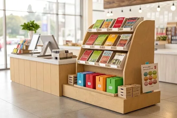 আধুনিক দোকানে রঙিন প্যাকেজিং সহ কমপ্যাক্ট কাউন্টারটপ কার্ডবোর্ড ডিসপ্লে