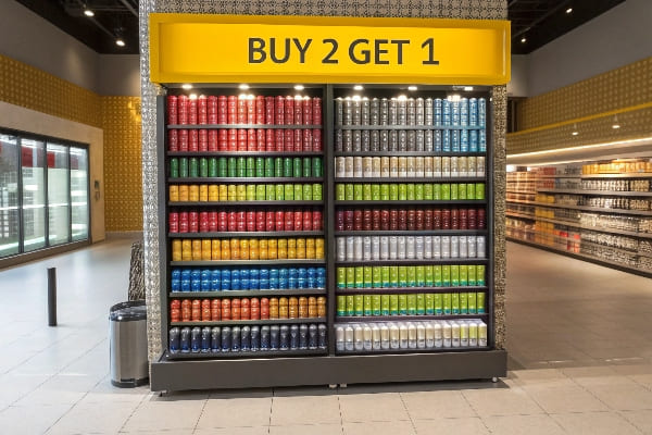 Tienda de conveniencia End Taply llena de coloridas bebidas enlatadas bajo la oferta 'Comprar 2 Get 1'