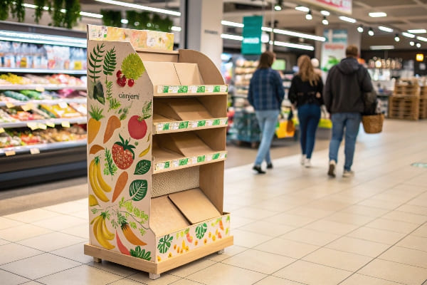 Красочный картонный напольный дисплей в продуктовом проходе