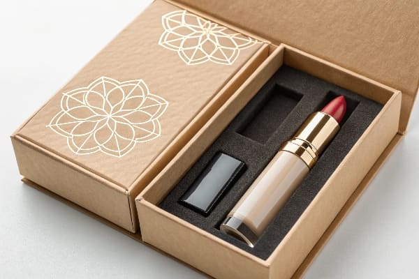 带有黑色泡沫插入和花卉设计的高级牛皮纸盒中的红色唇膏
