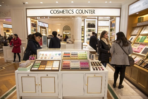 一家百货商店的化妆品柜台,带有各种化妆品和客户浏览