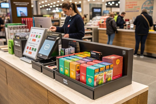 Produtos em caixa colorida na área de checkout de varejo para compras rápidas