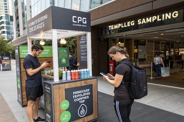 CPG产品采样摊位外部零售商店与智能手机一起参与