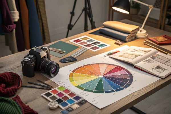 Creative Studio Desk avec roue chromatique, échantillons, appareil photo et carnet de croquis sous un éclairage chaud.