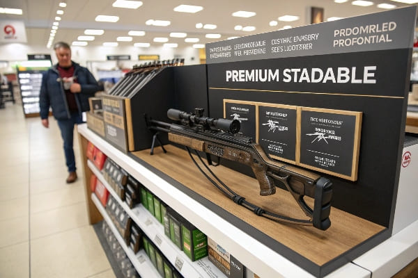 Ballera de alta gama en el estante de exhibición premium dentro de una tienda bien iluminada.
