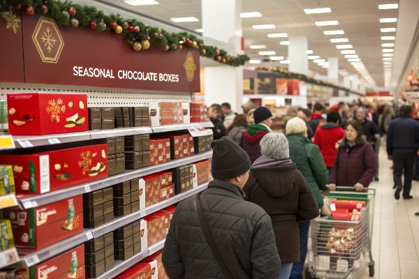 Aisle minorista con cajas de regalo de chocolate de temporada y multitud de vacaciones