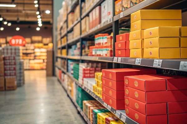 カラフルな製品ボックスは、小売店の棚にきちんと積み重ねられています。