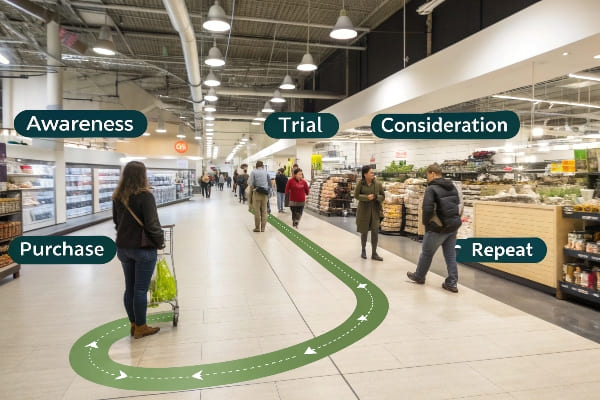 Escena de supermercado con ruta etiquetada del viaje del cliente desde la conciencia hasta la repetición