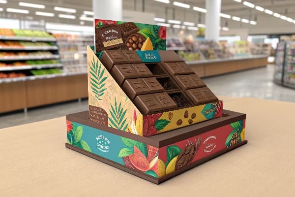 Caja de exhibición de chocolate gourmet en una tienda.