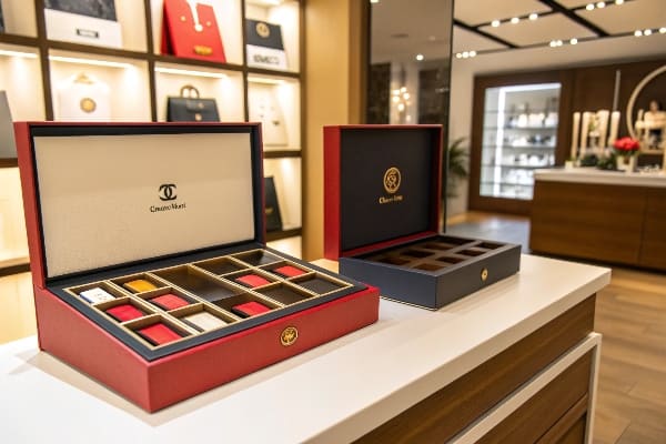 Caixas de presente de luxo com compartimentos exibidos em uma boutique