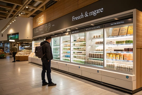 Hombre que mira productos de comestibles refrigerados