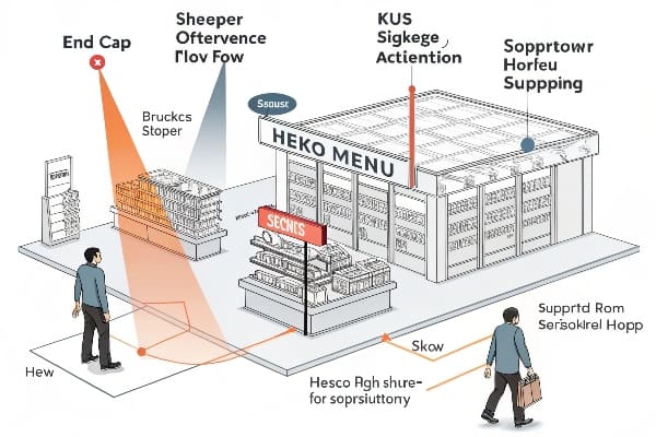Diagrama de flujo minorista que muestra el comportamiento del comprador y las zonas de visibilidad del producto.