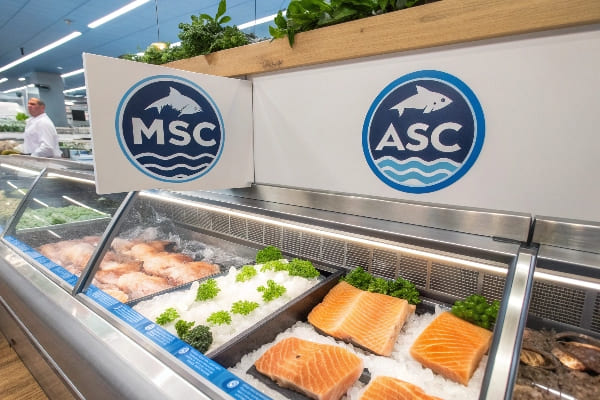 新鲜海鲜显示在MSC下的冰上和ASC可持续性认证标志上