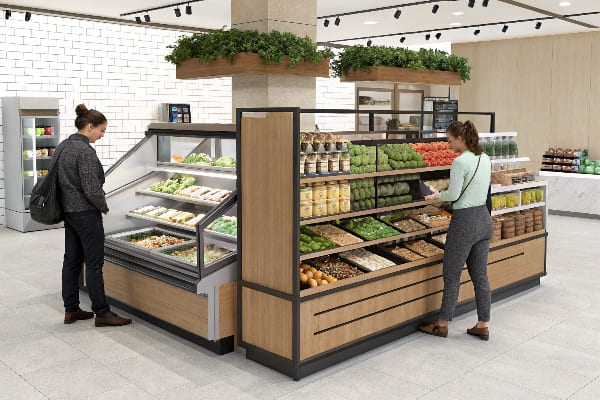 Sección de productos frescos en una tienda de comestibles moderna con diseño limpio y navegación de compradores