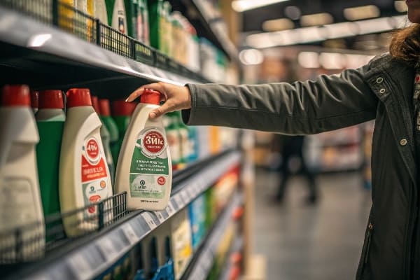 Крупным планом женщины, выбирающей бутылку с полки очистки в продуктовом магазине