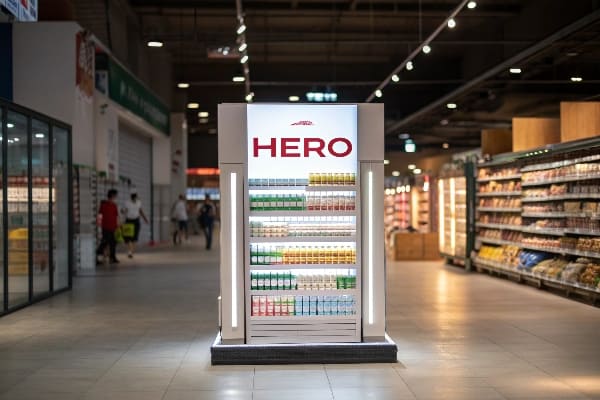 Pantalla de tapa final iluminada con marca de héroes en el pasillo de comestibles.