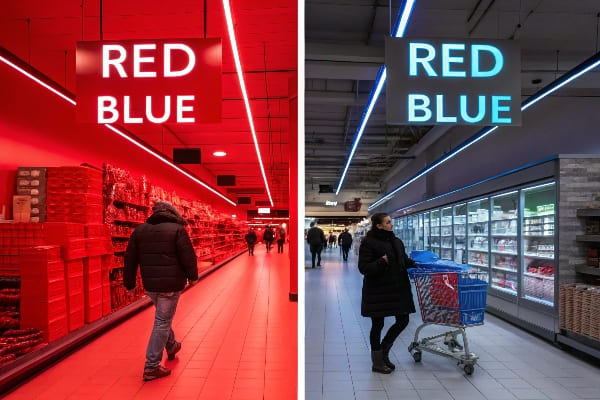 Alliance du supermarché divisé avec un éclairage rouge et bleu contrasté montrant les acheteurs sous une signalisation codée par couleur.