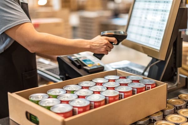 Point-of-Saleのターミナルでの缶詰商品のレジ走行路をスキャンします。